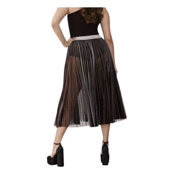 GSTQ Sun Pleated Mesh Pull-On Midi Skirt Black Semi-Sheer M - Picture 7 of 10